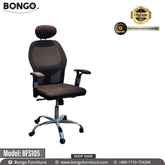 An office chair with a mesh backrest and fabric seat, featuring an adjustable headrest and armrests, set against a white background with the BONGO brand logo.